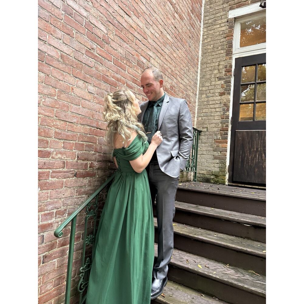 Tearmeily Emerald Green Chiffon Off Shoulder Corset Back Bridesmaids Dress sz 4 - Picture 8 of 10